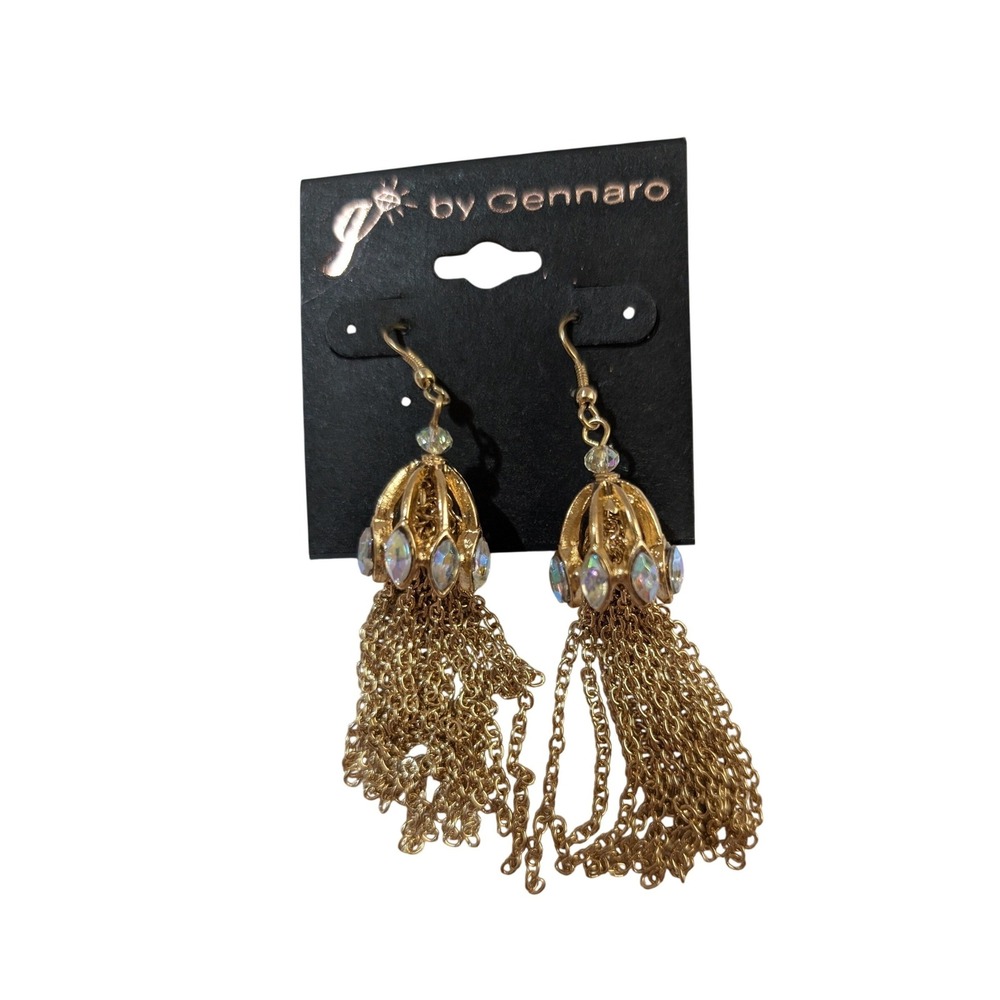 Gennaro Gold Tone Tassel Dangle Earrings Iridescent Crystal Cage Drop